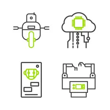 Set line Assembly line, Bot, Internet of things and Robot icon. Vector Stock Illustration