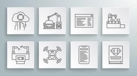 Set line Assembly line, Drone flying with action camera, Computer api inter.. Illustrazione stock