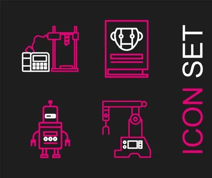 Set line Assembly line, Robot, User manual and 3D printer icon. Vector Illustrazione stock