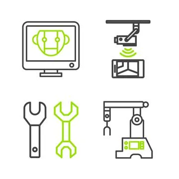 Set line Assembly line, Spanner, Wireless Controlling CCTV security camera and Stock Illustration