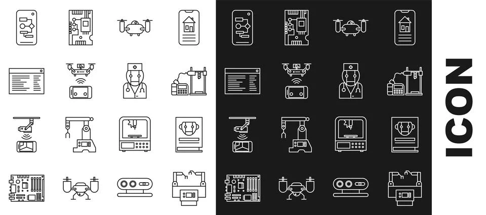 Set line Assembly line, User manual, 3D printer, Drone flying with action camera Illustrazione stock