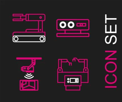 Set line Assembly line, Wireless Controlling CCTV security camera, 3d scannin Illustrazione stock