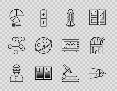 Set line Assistant, Satellite, Space shuttle and rockets, Open book, Pie chart Ilustración de archivo