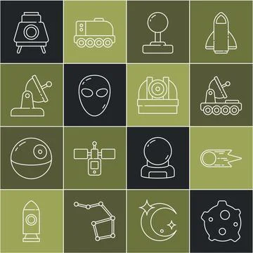 Set line Asteroid, Comet falling down fast, Mars rover, Joystick, Alien, Sa.. Stock Illustration