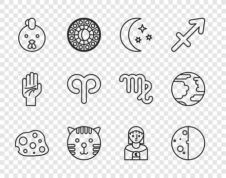 Set line Asteroid, Eclipse of the sun, Moon and stars, Tiger zodiac, Rooster Illustrazione stock