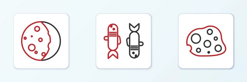 Set line Asteroid, Eclipse of the sun and Pisces zodiac icon. Vector 스톡 일러스트