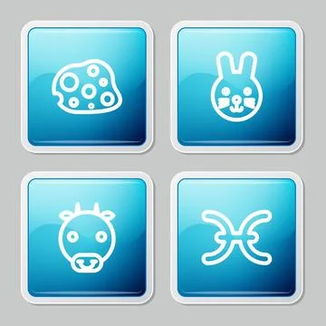 Set line Asteroid, Rabbit zodiac, Ox and Pisces icon. Vector Illustrazione stock