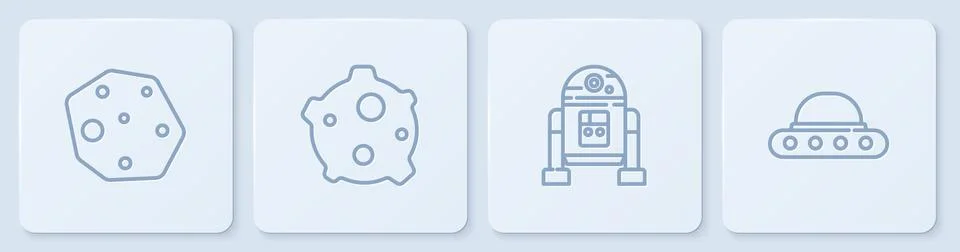 Set line Asteroid, Robot, and UFO flying spaceship. White square button. Vector Illustrazione stock