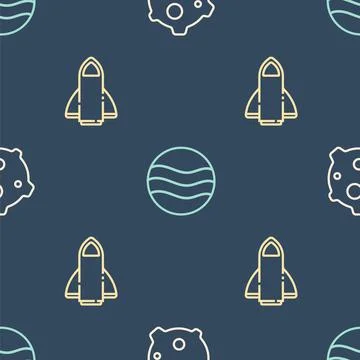 Set line Asteroid, Rocket ship and Planet on seamless pattern. Vector Stock Illustration