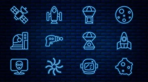 Set line Asteroid, Rocket ship, Box flying on parachute, Ray gun, Astronaut Stock Illustration