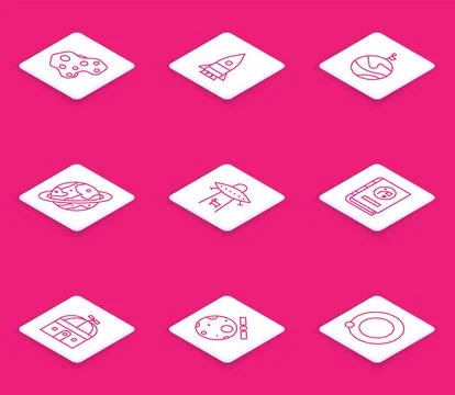 Set line Asteroid, Rocket ship, Moon with flag, Space capsule and parachute Stock Illustration