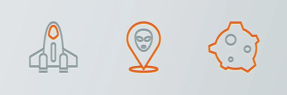 Set line Asteroid, Rocket ship and Alien icon. Vector Stock Illustration