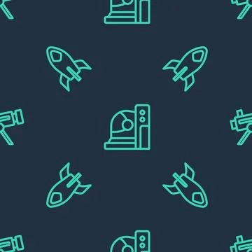 Set line Astronaut helmet, Rocket ship and Telescope on seamless pattern. Vector Stock Illustration
