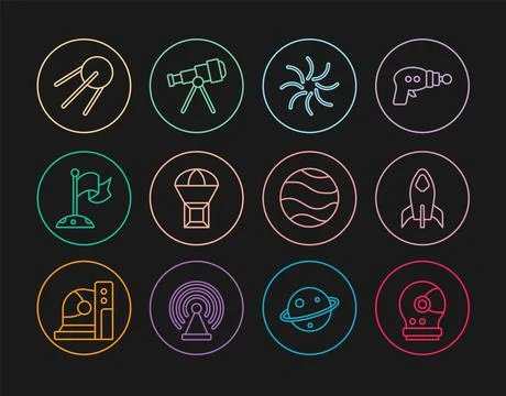 Set line Astronaut helmet, Rocket ship, Black hole, Box flying parachute, M.. Stock Illustration