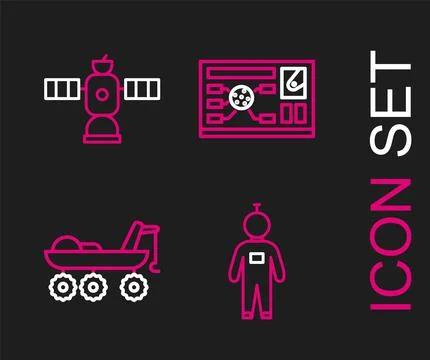 Set line Astronaut, Mars rover, Futuristic hud interface and Satellite icon.  Illustrazione stock