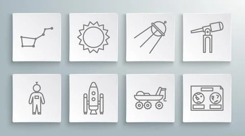 Set line Astronaut, Sun, Space shuttle and rockets, Mars rover, Celestial map of Stock Illustration