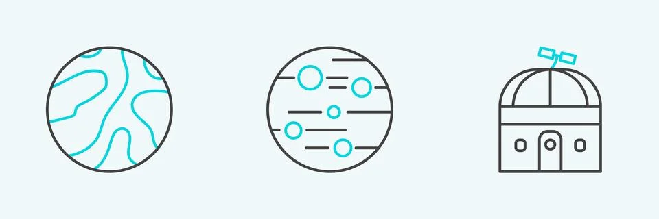 Set line Astronomical observatory, Falling stars and Planet Mars icon. Vector Stock Illustration