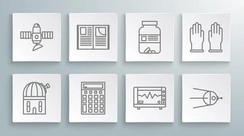 Set line Astronomical observatory, Open book, Calculator, Computer monitor with Stock Illustration