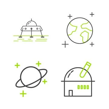 Set line Astronomical observatory, Planet, Earth globe and Mars rover icon... Stock Illustration