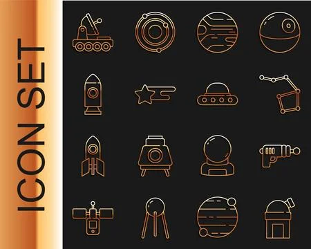 Set line Astronomical observatory, Ray gun, Great Bear constellation, Plane.. Stock Illustration