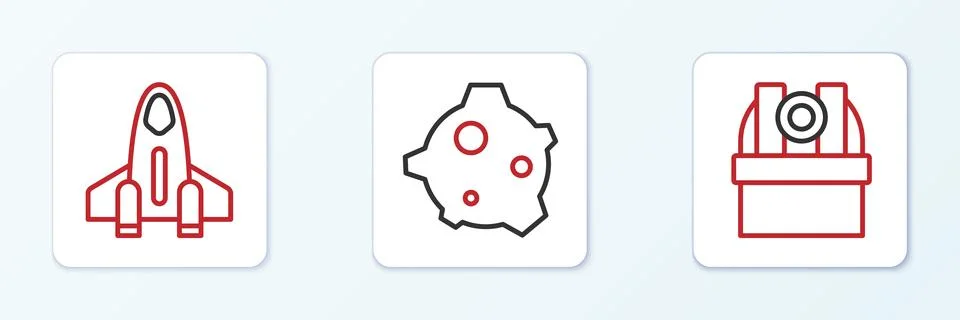 Set line Astronomical observatory, Rocket ship and Asteroid icon. Vector Illustrazione stock