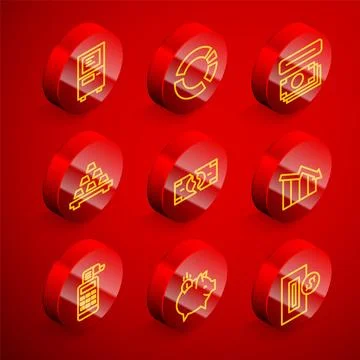 Set line ATM, Pie chart infographic, and money, Gold bars, Tearing banknote Stock Illustration