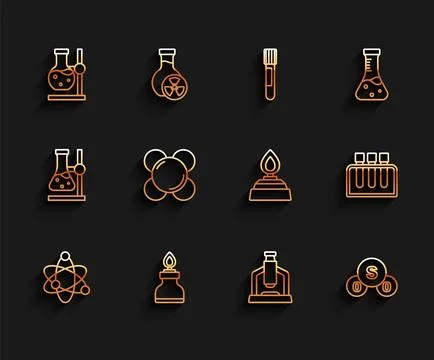Set line Atom, Alcohol or spirit burner, Test tube flask on stand, Microscope Stock Illustration