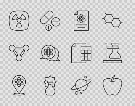 Set line Atom, Apple, Chemistry report, Explosion in the flask, Radioactive,  Stock Illustration