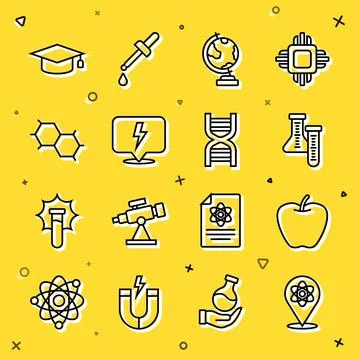 Set line Atom, Apple, Test tube, Earth globe, Lightning bolt, Chemical formul Stock Illustration
