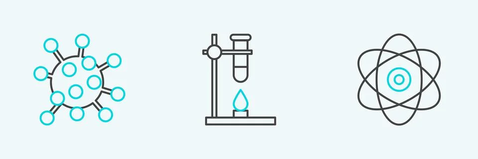 Set line Atom, Bacteria and Glass test tube flask on fire heater icon. Vector Stock Illustration