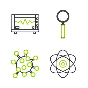 Set line Atom, Bacteria, Magnifying glass and Computer monitor with cardiog.. Stockillustratie