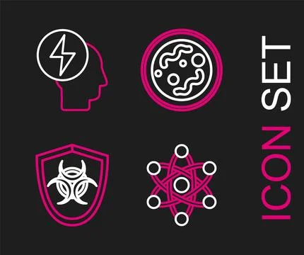 Set line Atom, Biohazard symbol on shield, Bacteria and Head and electric i.. Stock Illustration
