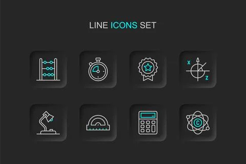 Set line Atom, Calculator, Protractor grid, Table lamp, Trigonometric circl.. Stock Illustration