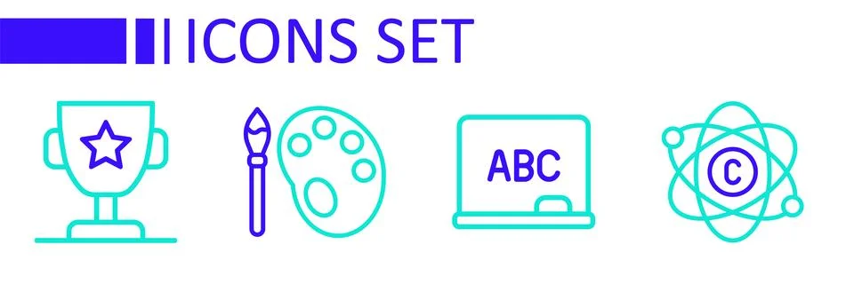 Set line Atom, Chalkboard, Paint brush with palette and Award cup icon. Vecto Stock Illustration