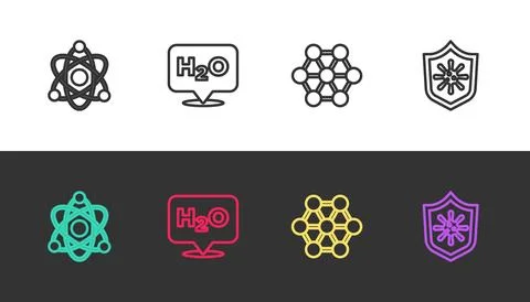 Set line Atom, Chemical formula for H2O, Molecule and Shield protecting from Stock Illustration
