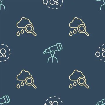 Set line Atom, Cloud with rain and Telescope on seamless pattern. Vector Illustrazione stock