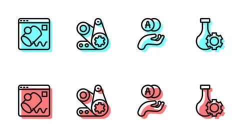 Set line Atom, Data visualisation, Timing belt kit and Test tube icon. Vector Stock Illustration