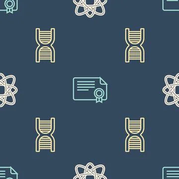 Set line Atom, DNA symbol and Certificate template on seamless pattern. Vector Illustrazione stock