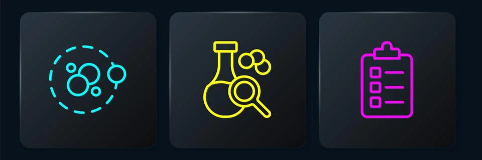 Set line Atom, To do list or planning and Test tube. Black square button. Vector Illustrazione stock