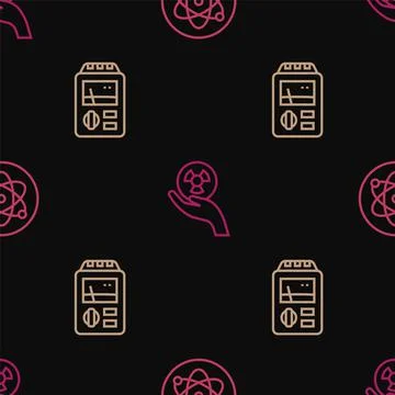 Set line Atom, Dosimeter and Radioactive on seamless pattern. Vector イラスト素材