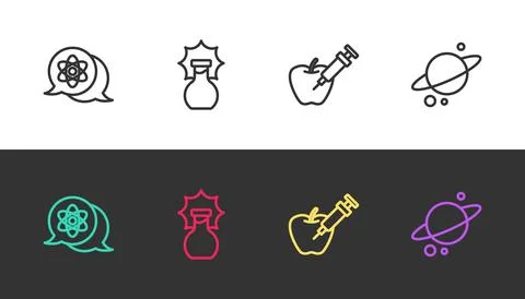 Set line Atom, Explosion in the flask, Genetically modified apple and Planet  Stock Illustration