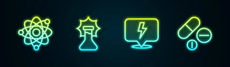 Set line Atom, Explosion in the flask, Lightning bolt and Medicine pill or .. Stock Illustration