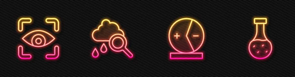 Set line Atom, Eye scan, Cloud with rain and Test tube. Glowing neon icon イラスト素材
