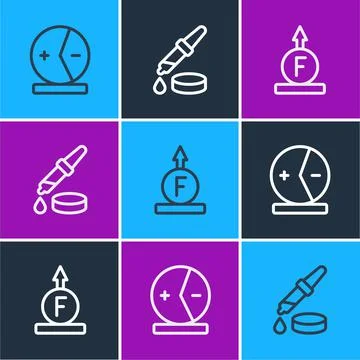 Set line Atom, Force of physic formula and Pipette icon. Vector Stock Illustration