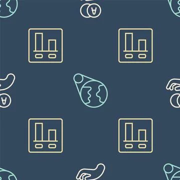 Set line Atom, Graph chart infographic and Earth globe on seamless pattern Stock Illustration