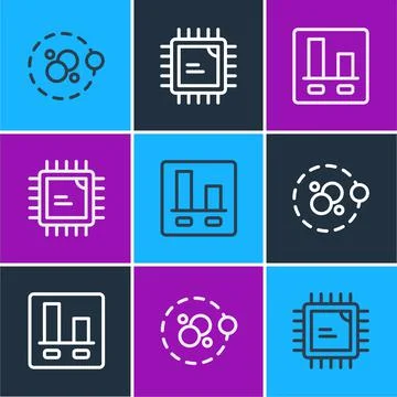 Set line Atom, Graph chart infographic and Processor CPU icon. Vector Illustrazione stock