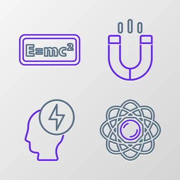 Set line Atom, Head and electric symbol, Magnet and Equation solution icon... Stock Illustration
