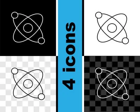 Set line Atom icon isolated on black and white, transparent background. Sym.. Ilustración de archivo