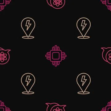Set line Atom, Lightning bolt and Processor CPU on seamless pattern. Vector Stock Illustration