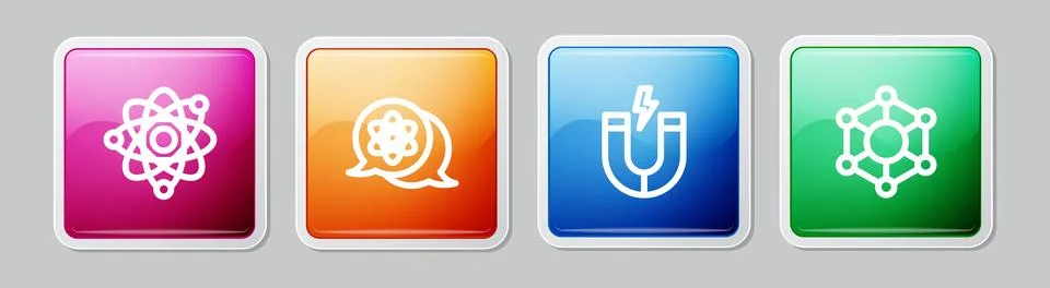 Set line Atom, Magnet and Molecule. Colorful square button. Vector イラスト素材